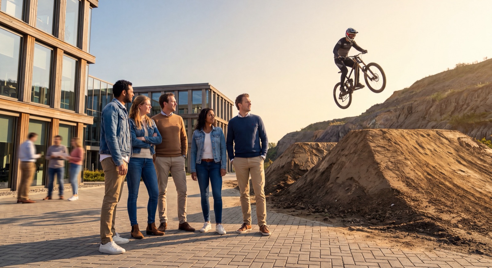 Vijf collega's van Fastware staan voor het kantoor en kijken naar een mountainbiker die over een zandheuvel springt
