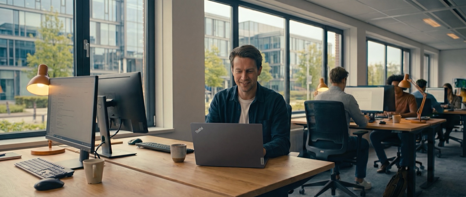 Medewerkers van Invision ICT aan het werk in een licht kantoor